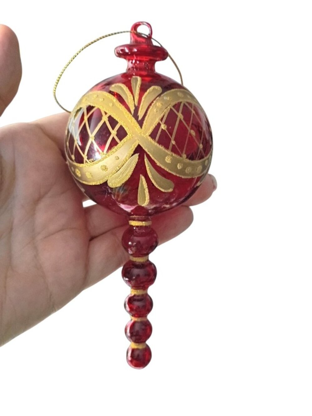Hand Blown Red Glass Finial Ornament 6" Painted Gold Design Glitter Christmas
